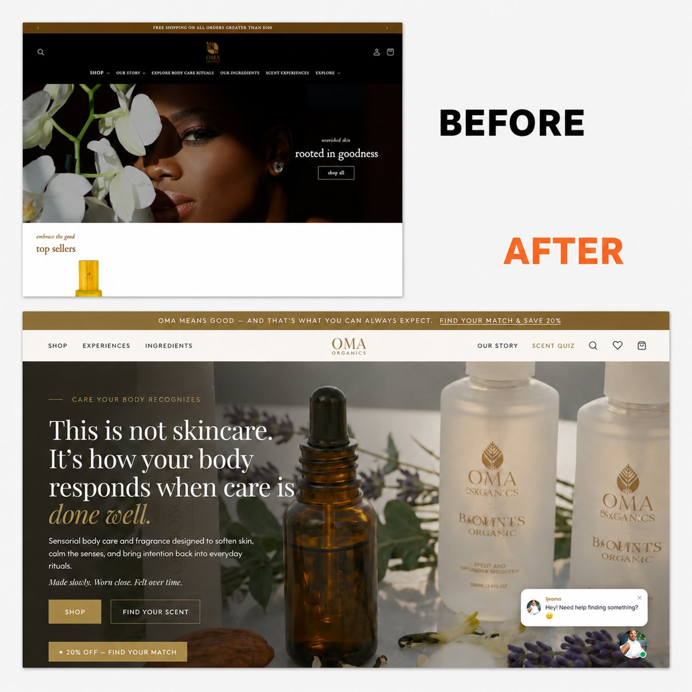 A skincare brand site before and after