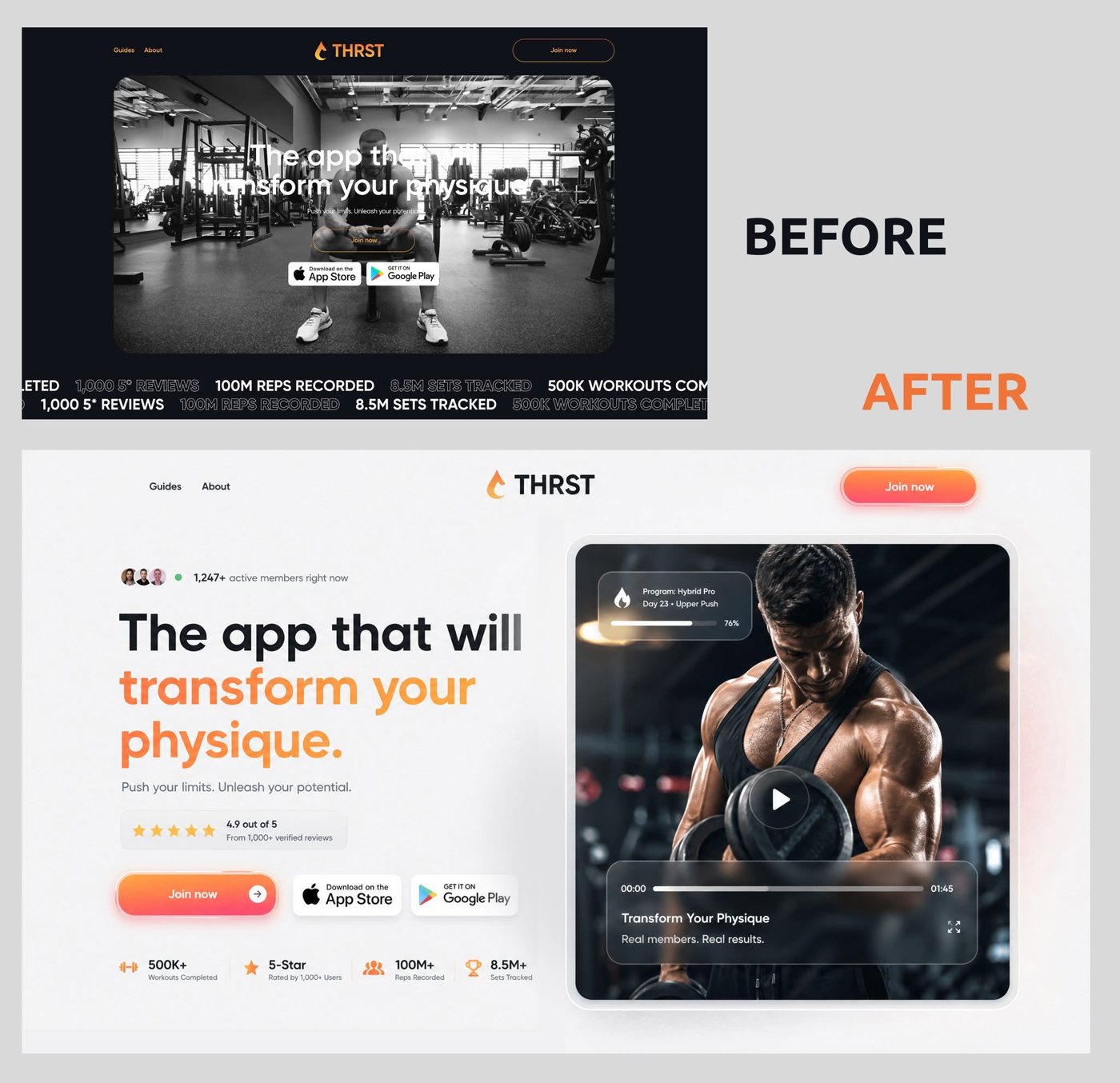 A fitness app site before and after